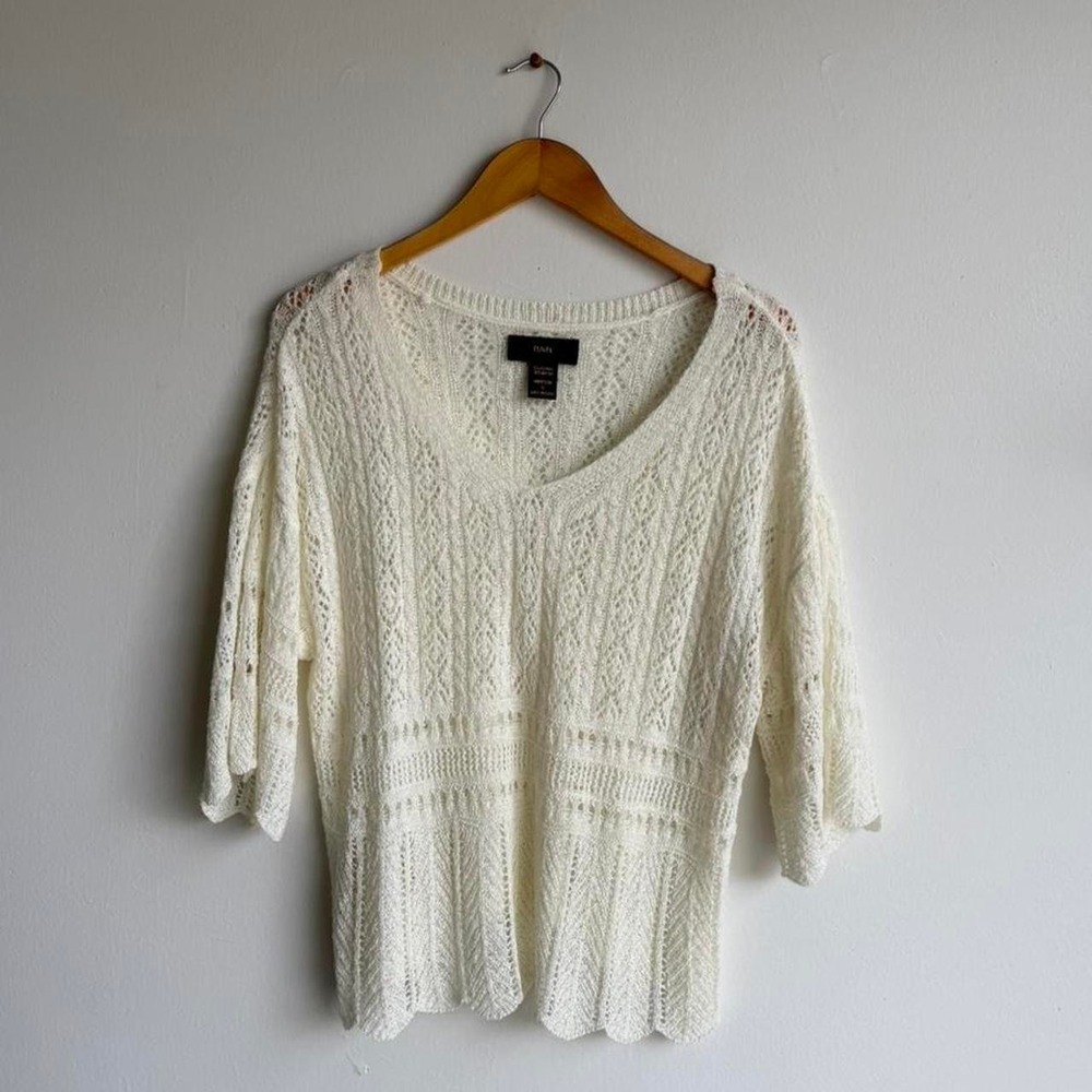 Cream knit sweater with openwork pattern and bell sleeves